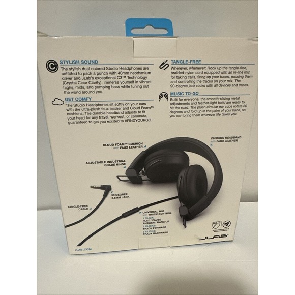 JLab Studio On-Ear Headphones Apple Android Universal Mic 3.5mm Jack Tangle Free - Picture 2 of 6
